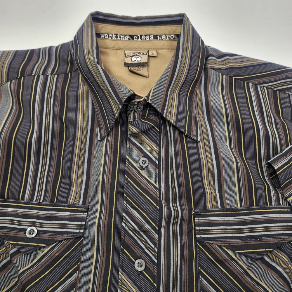Split Striped Button Up Shirt Short Sleeve Western Workwear Mens Large brown